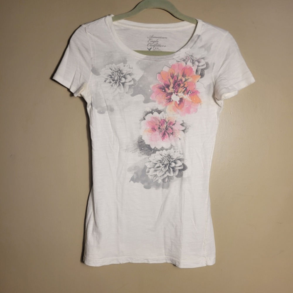 American Eagle Floral Graphic Tee White Pink Watercolor Slub Knit Shirt Medium